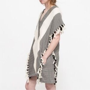 Koza Black & White Herringbone Cotton Cape Poncho Kaftan pullover Medium